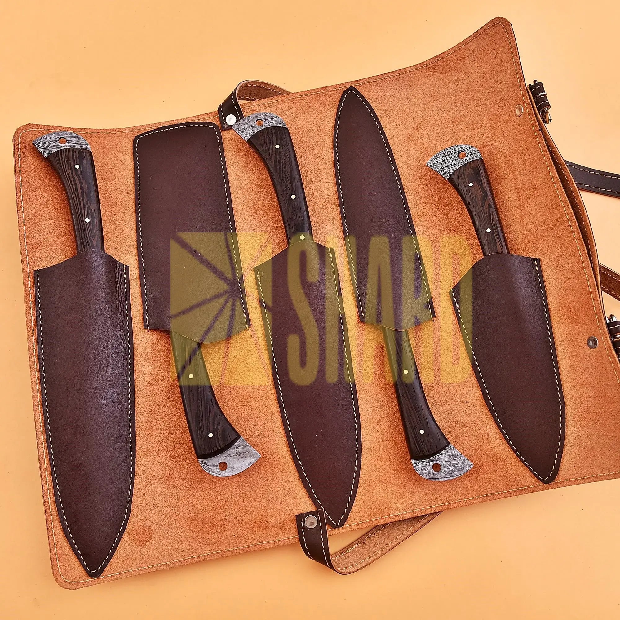 Shard Blade™ Ember Forge – 5-Piece Damascus Chef Knife Set with Wengé Wood Handles and Leather Roll