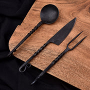 Hearth Born Set Hand-Forged Utility Knife, Meat Fork, and Spoon with Brass Guard and Stag Handle by Shard Blade
