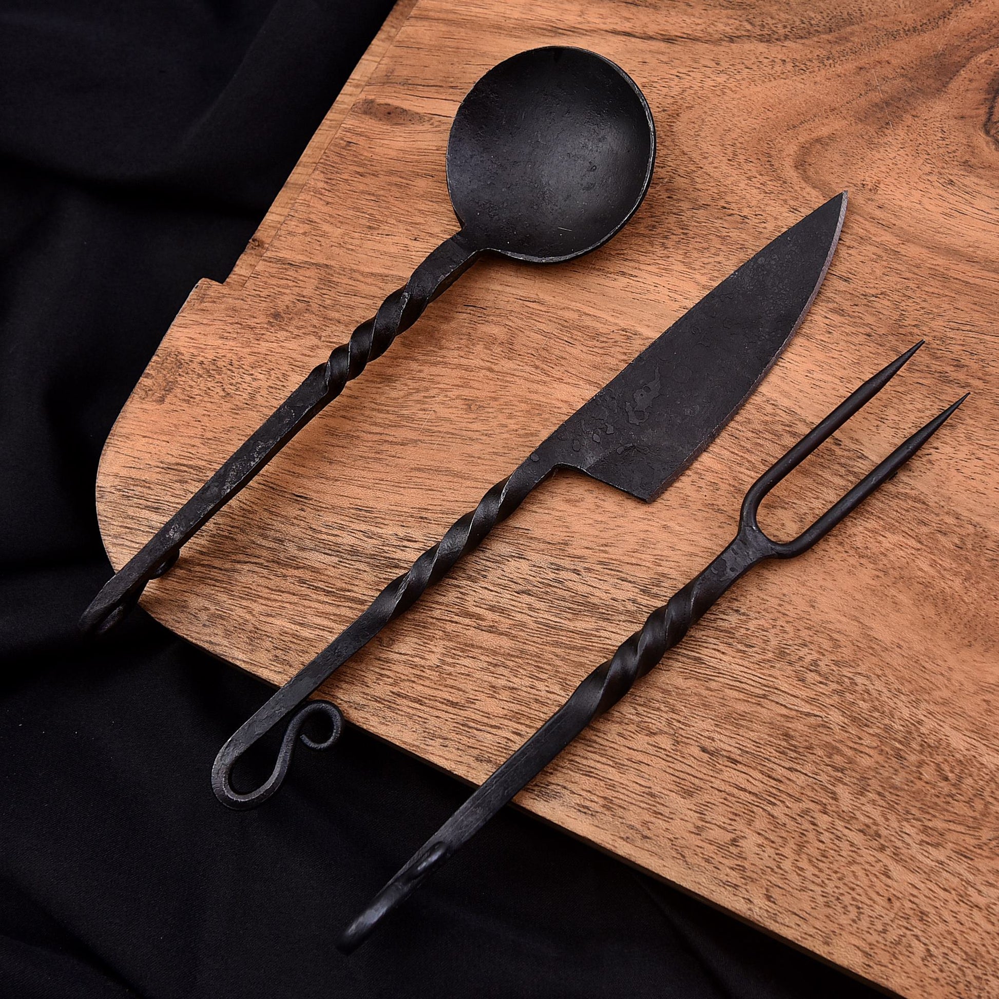 Hearth Born Set Hand-Forged Utility Knife, Meat Fork, and Spoon with Brass Guard and Stag Handle by Shard Blade
