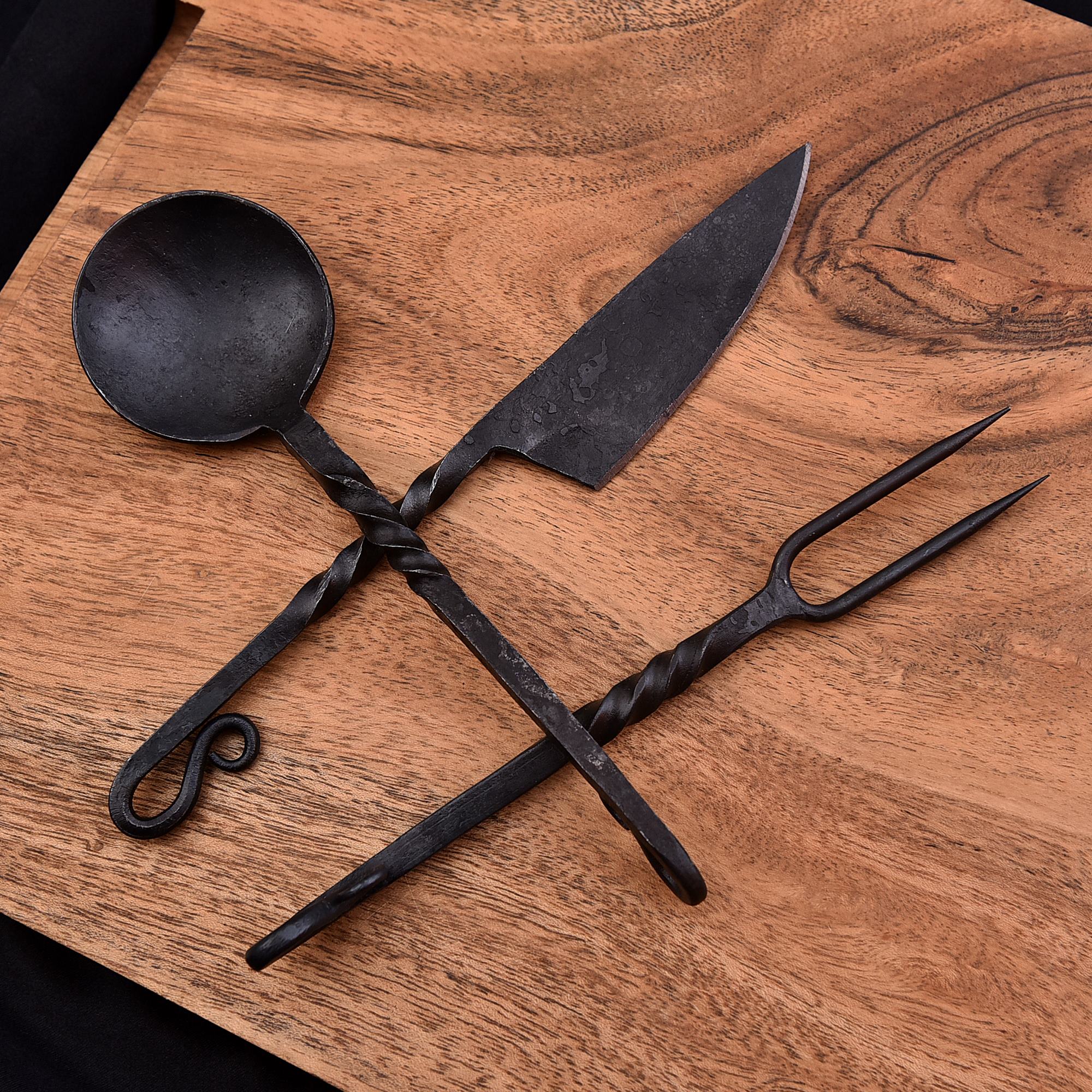 Shard Blade "Hearth Born Set" – Hand-Forged Blacksmith Utility Knife, Fork & Spoon Set