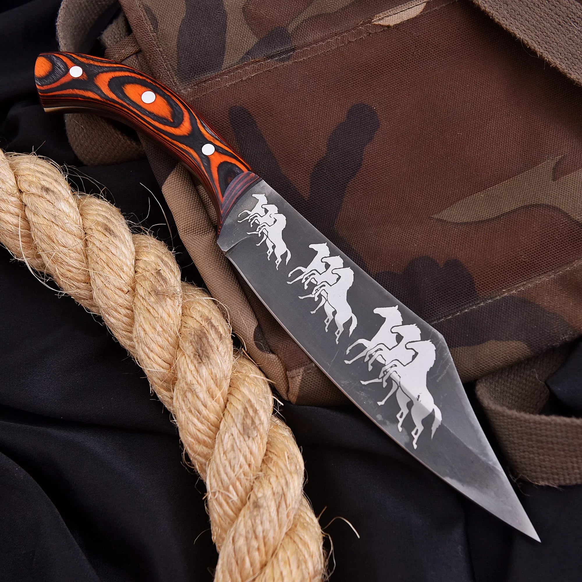 “Mustang Edge” – 1095-Carbon Steel Chef by Shard Blade Knife with Orange & Black Wood Handle and Leather Carrying Case