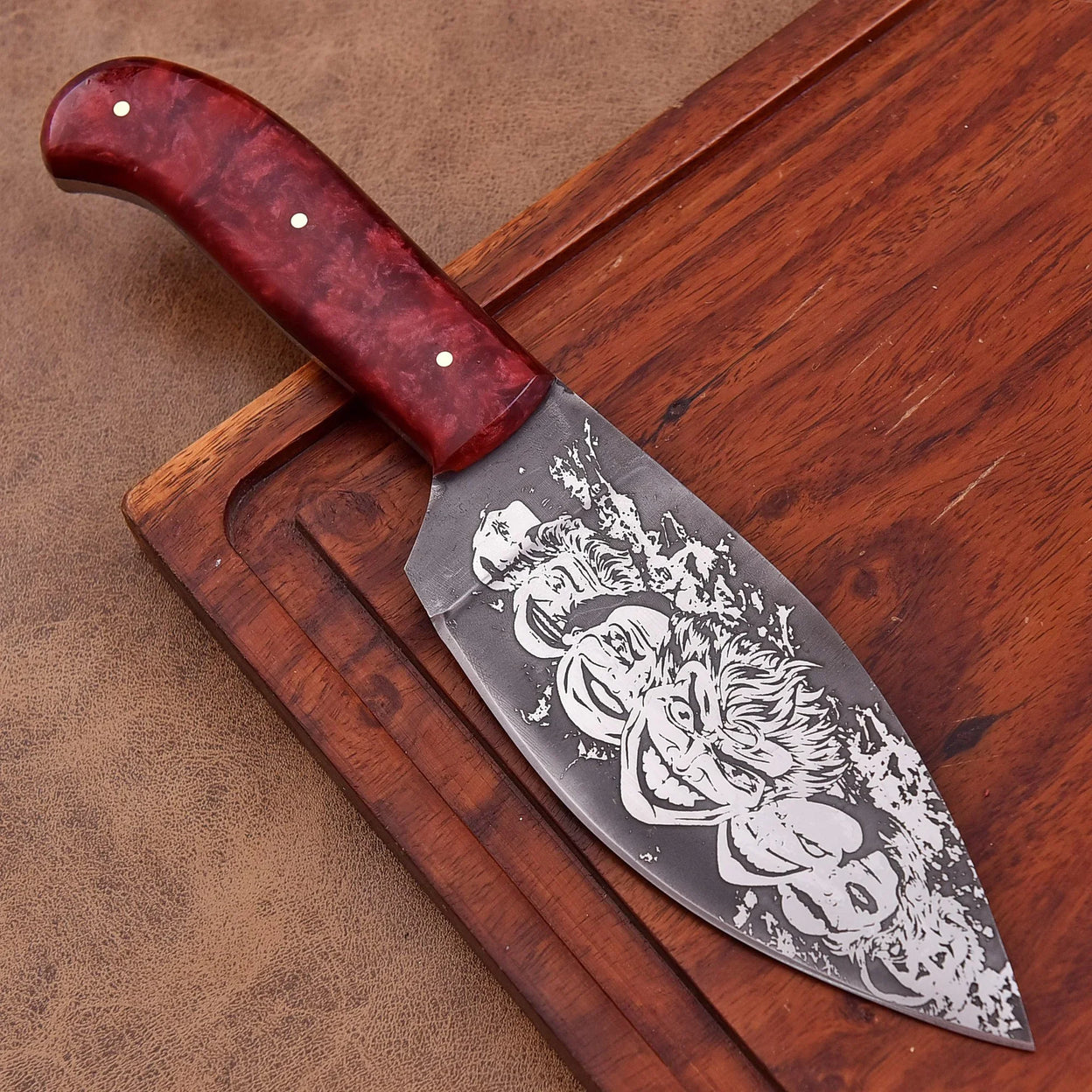 Shard Blade “Culinary Carnival Clowns” Skinner – 1095 Carbon Steel with Blood-Red Resin Handle