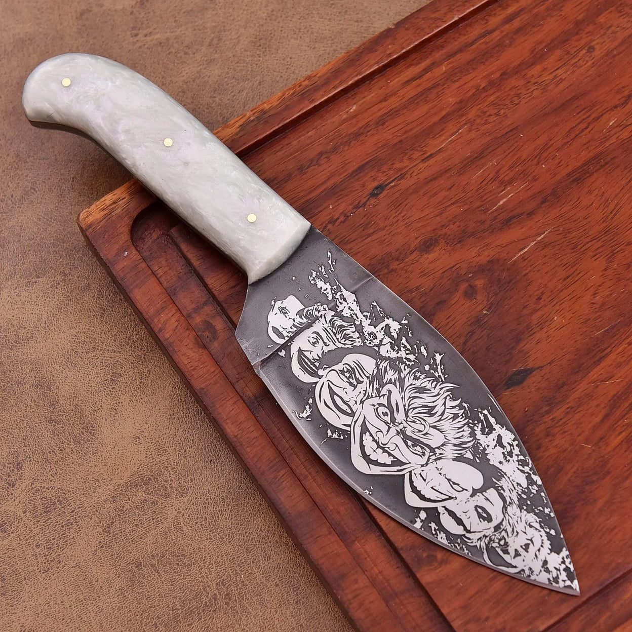 Shard Blade “Jester’s Fang” Halloween Cleaver/Skinner Knife – 1095 Carbon Steel with Mother of Pearl Acrylic Handle