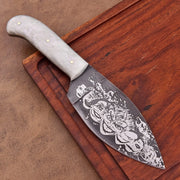 Shard Blade Jester’s Fang Cleaver/Skinner Knife – Scary Clown Etched Blade with Mother of Pearl Acrylic Handle