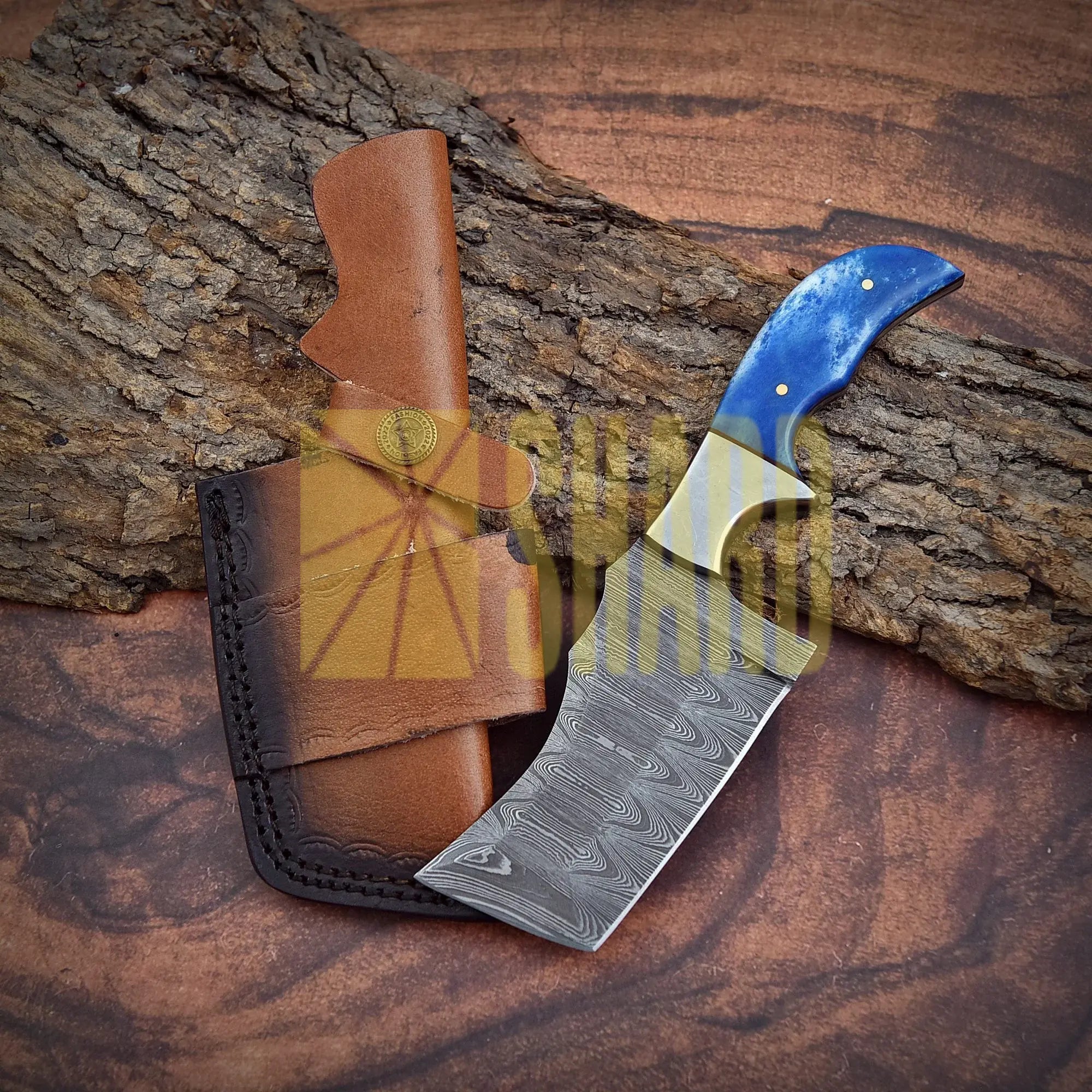 Shard Blade™ Bluehorn Rhino – 8” Hand-Forged Damascus Culinary Cleaver with Blue Dyed Bone Handle