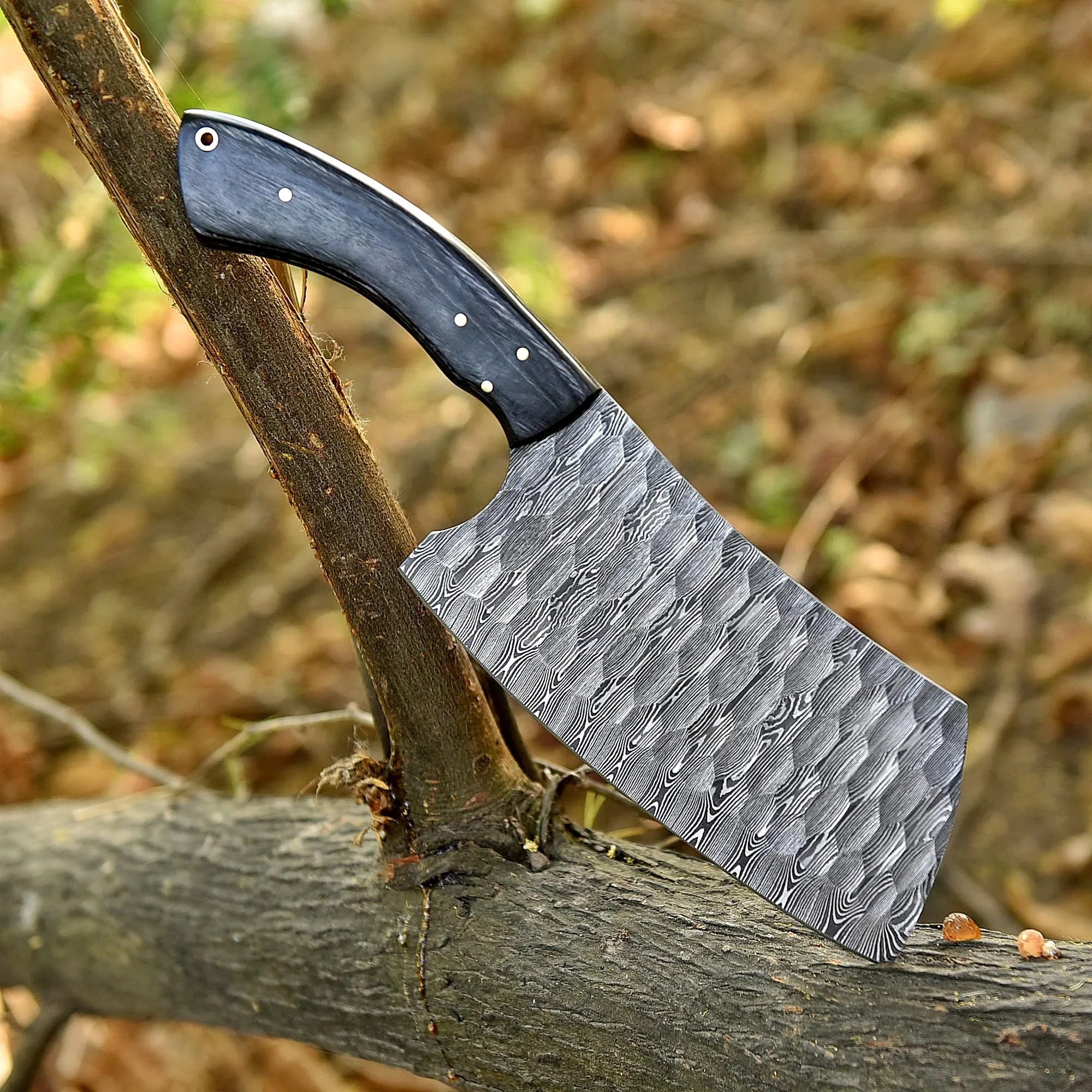 Shard Blade Vanguard – 12” Hand-Forged Hammered Cleaver with Natural Black Wood Handle