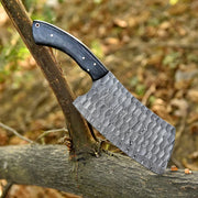 High-quality image of 12” handmade custom damascus steel hand forged hammered clever with natural black wood handle