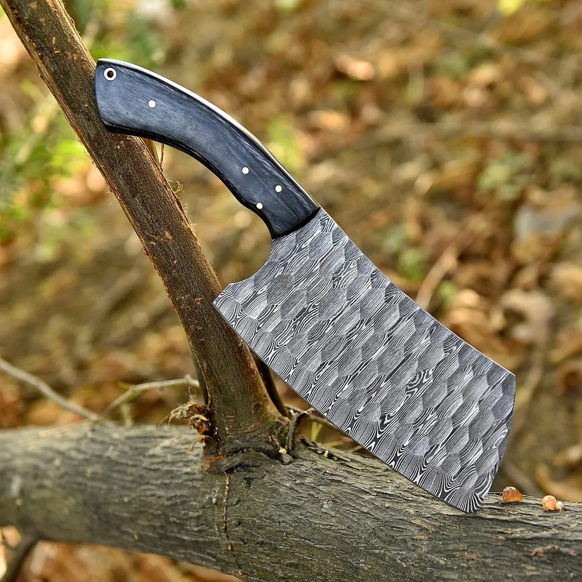 High-quality image of 12” handmade custom damascus steel hand forged hammered clever with natural black wood handle