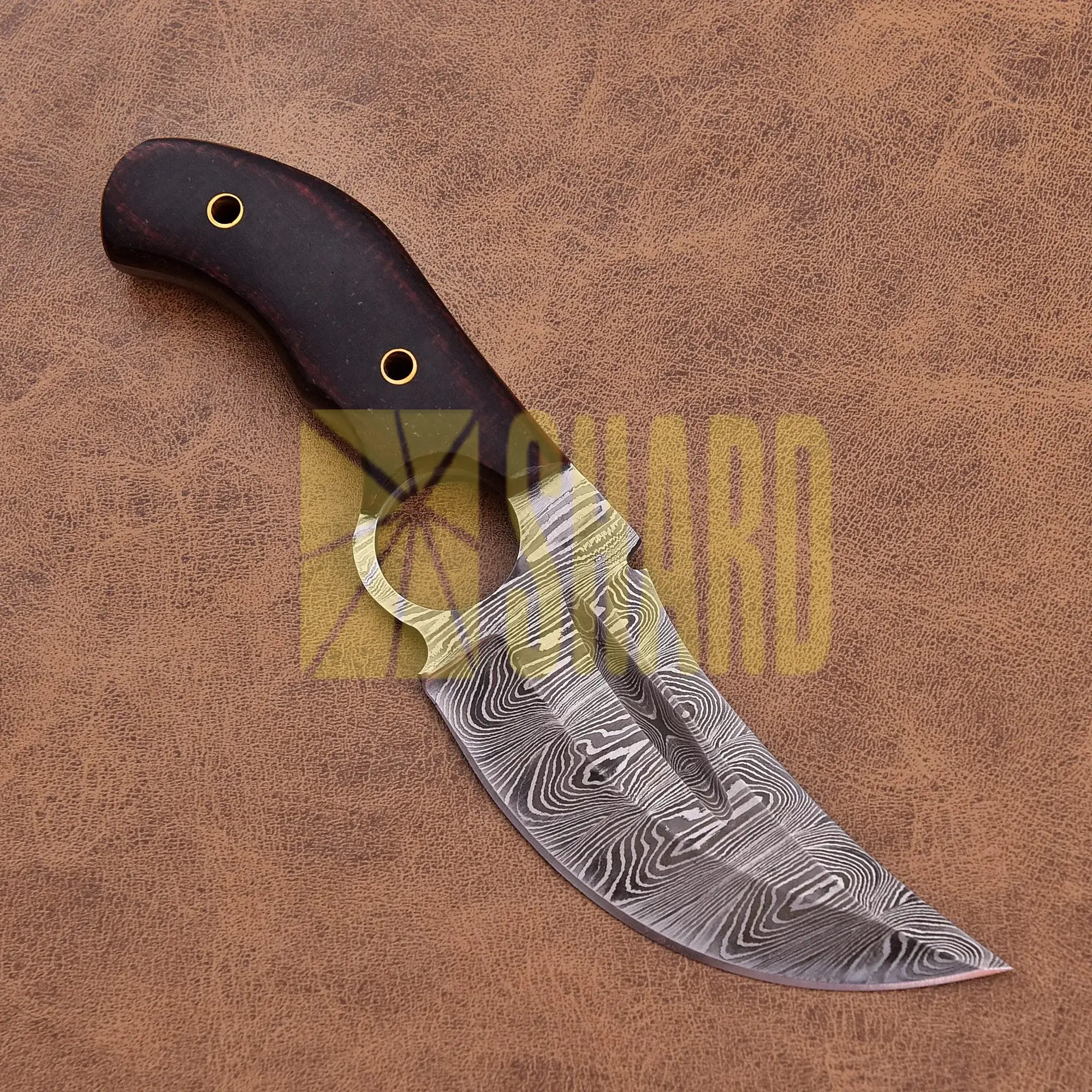 Shard Blade “Rainfall Skiver” Skinner — Damascus Steel with Dark Micarta Handle, Thumb Stud & Ring