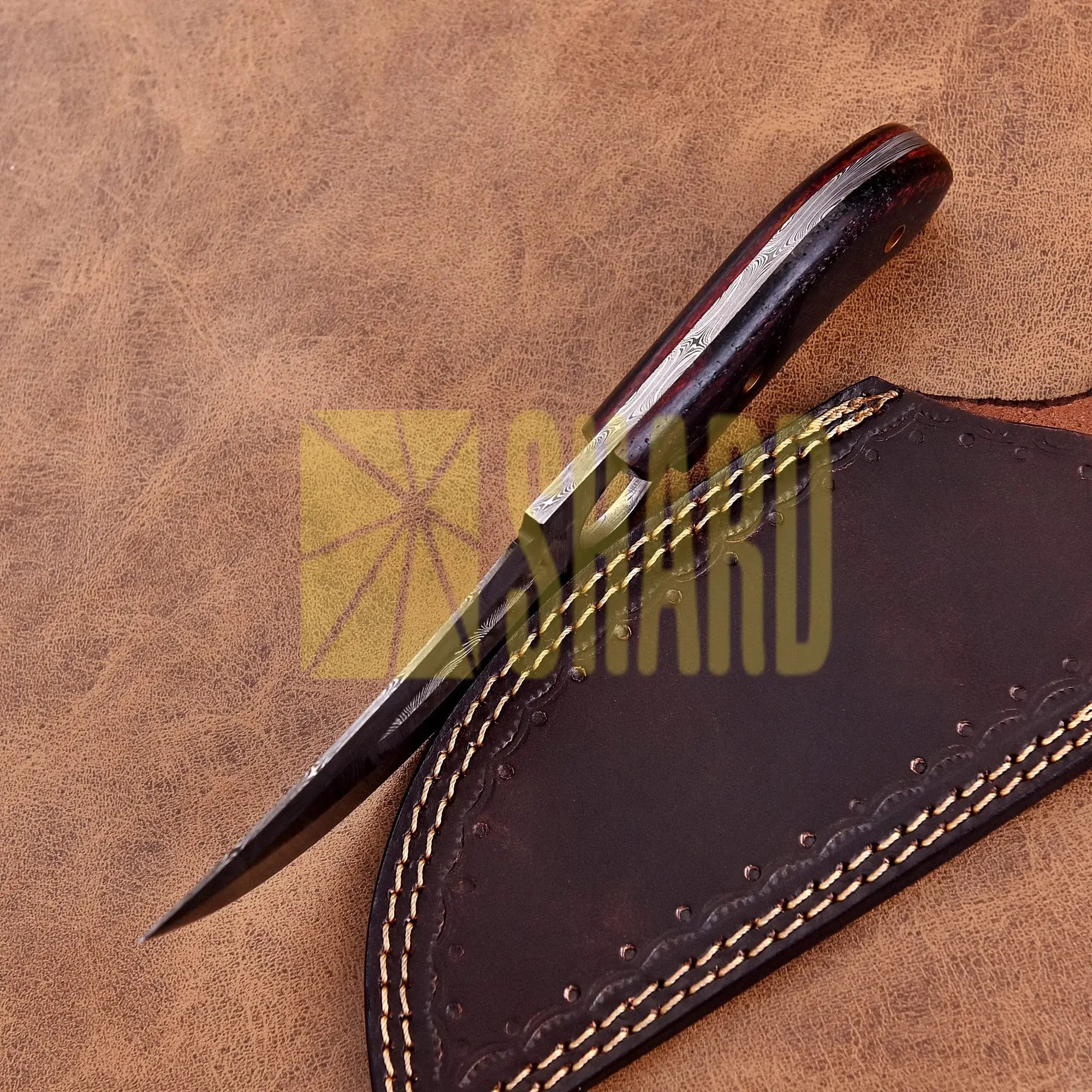Shard Blade “Rainfall Skiver” Skinner — Damascus Steel with Dark Micarta Handle, Thumb Stud & Ring