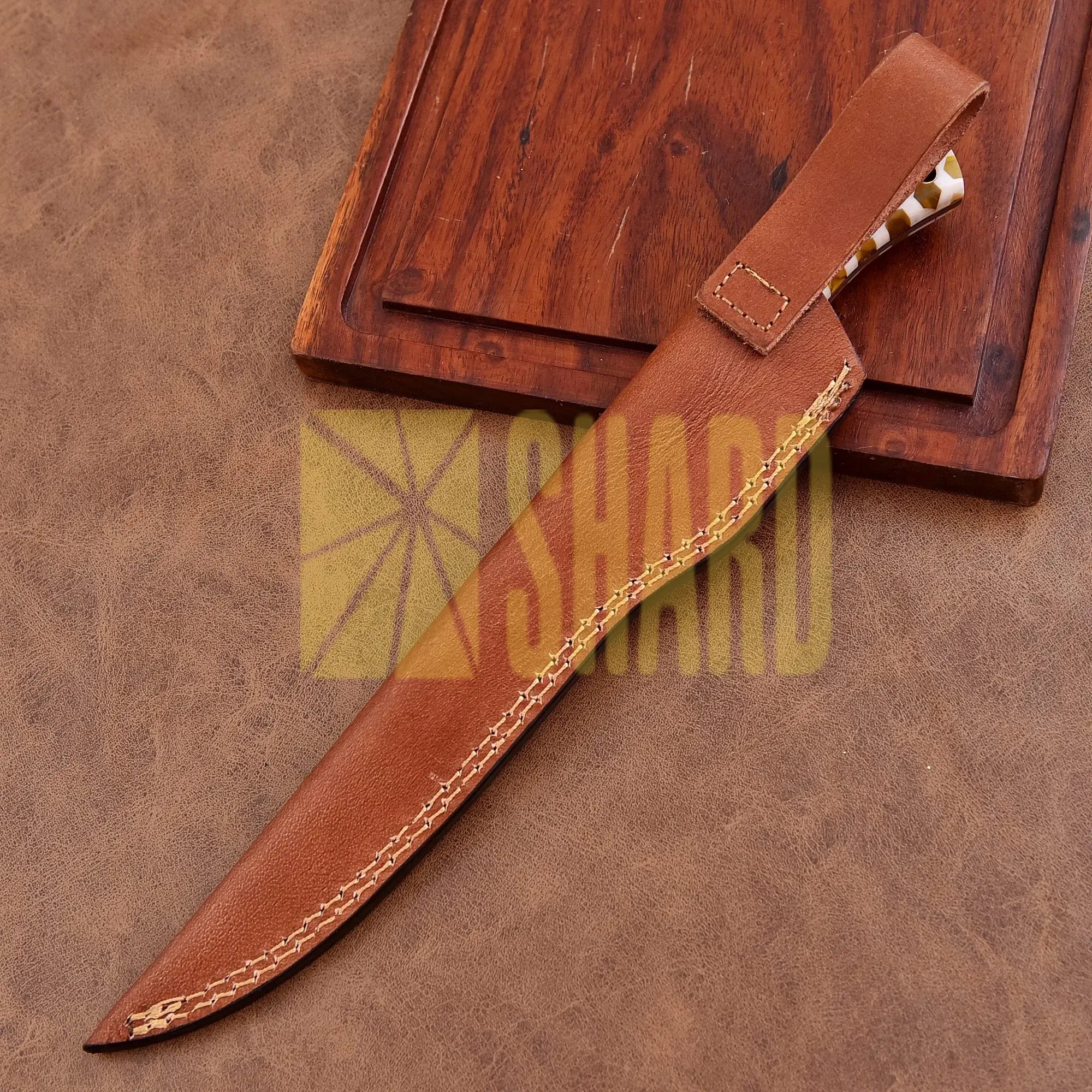 Shard Blade “Golden Hive” Damascus Steel Fillet Knife – Full Tang, Rain Drop Pattern Blade