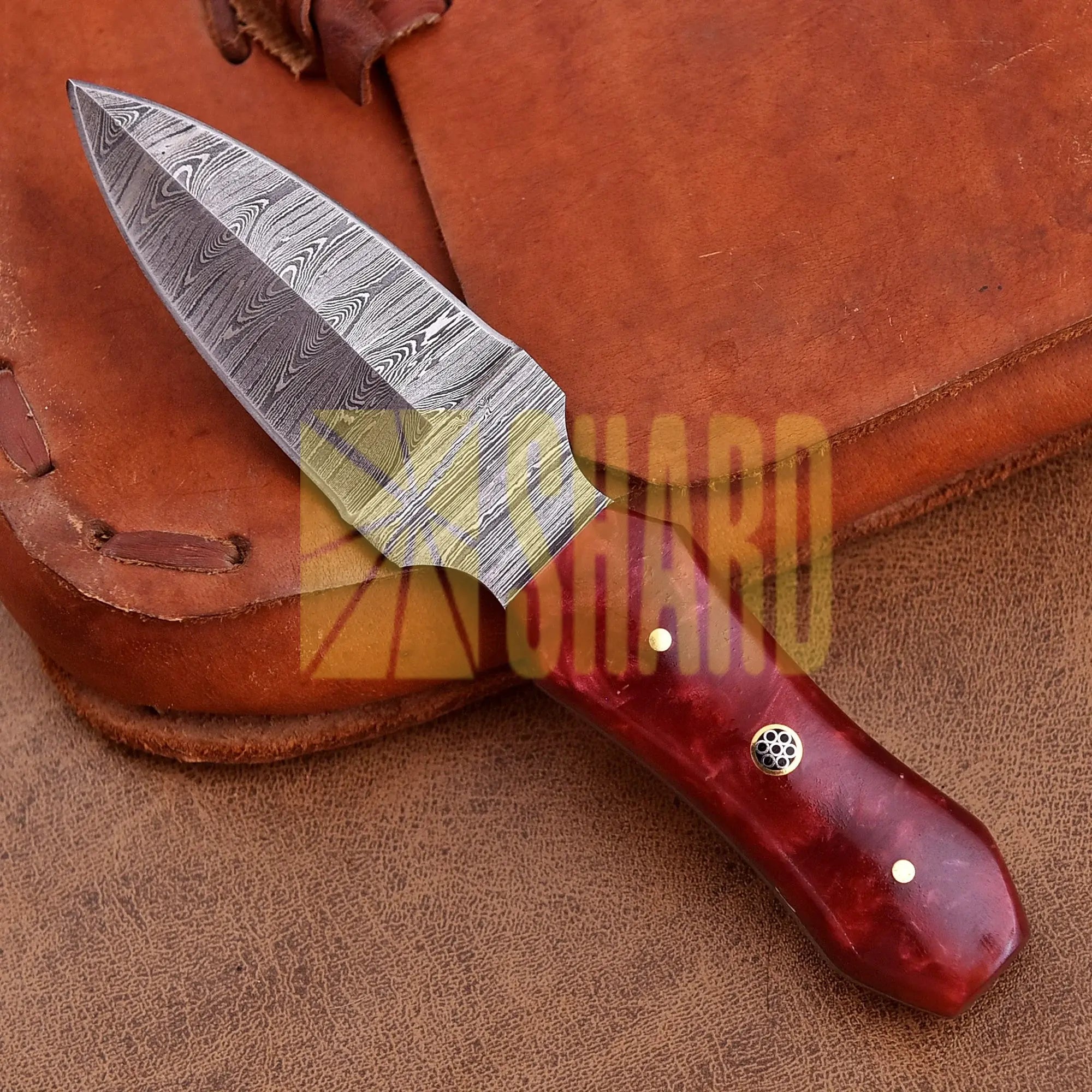 Hand-forged Damascus steel collectible with raindrop pattern and red ruby resin handle – Raindrop Trail gift piece