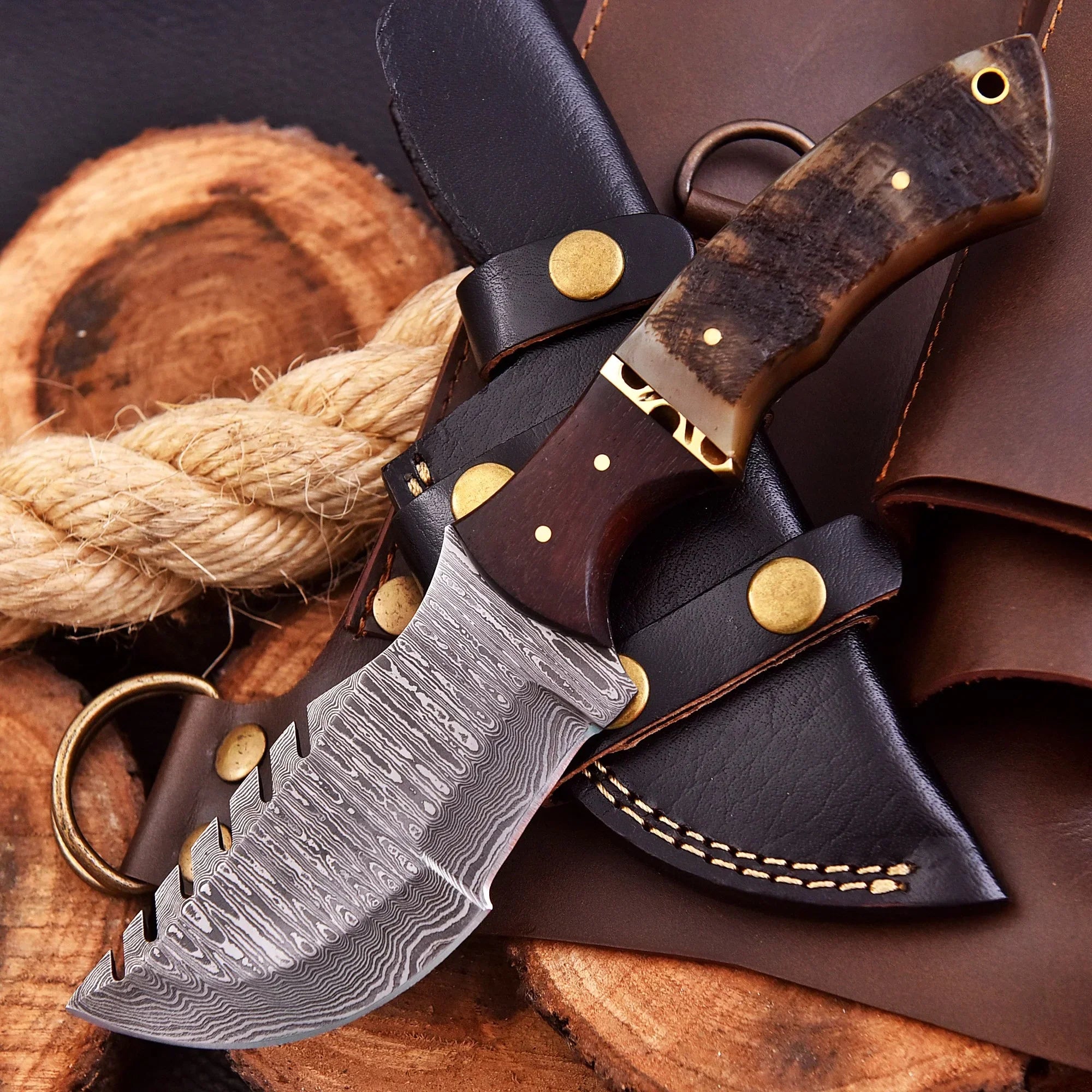 Starlight Voyager Damascus steel collectible with rosewood bolster and stag handle