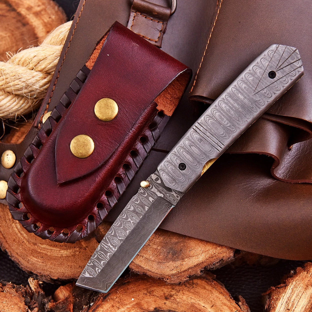 Crimson Crest Folding Utility Craft with Damascus Steel & Belt Buckle Clip