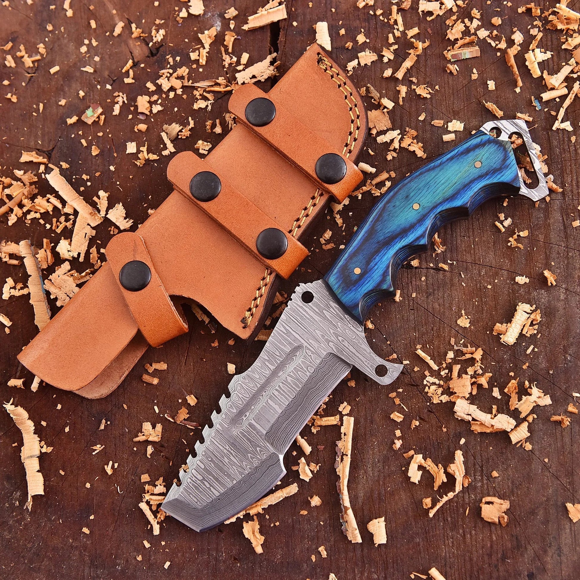 Sapphire Crest Damascus Outdoor Craft with blue dyed wood handle and raindrop wave Damascus steel pattern