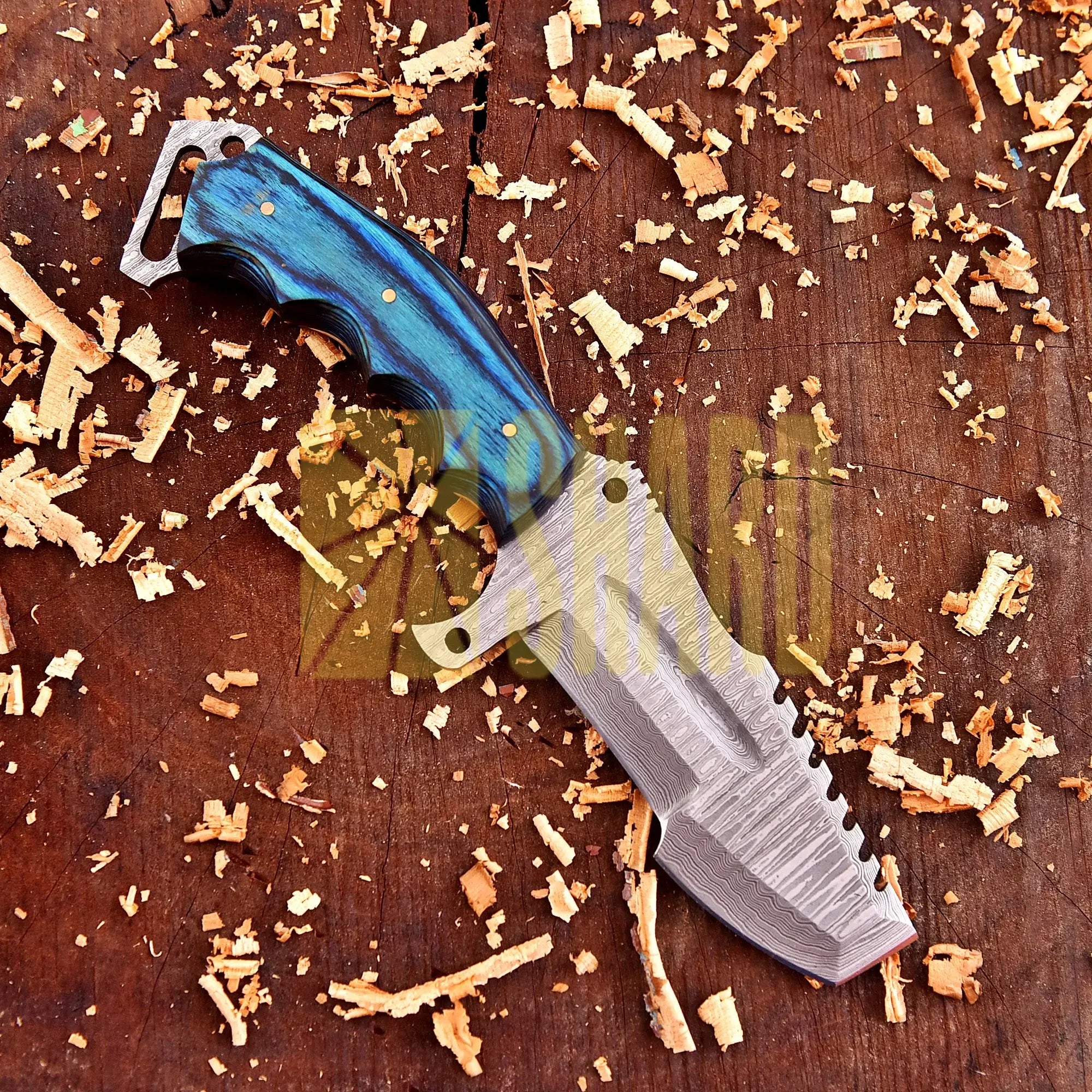 Sapphire Crest Damascus Outdoor Craft with blue dyed wood handle and raindrop wave Damascus steel pattern