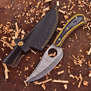 Cedarfall Damascus Artisan Tool with raindrop steel pattern and dyed wood handle