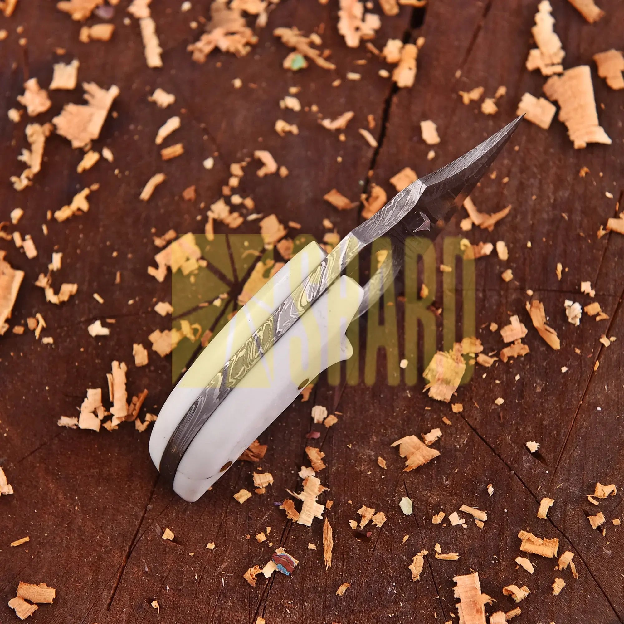 Aurora Pearl Damascus mini outdoor collectible with mother of pearl resin handle
