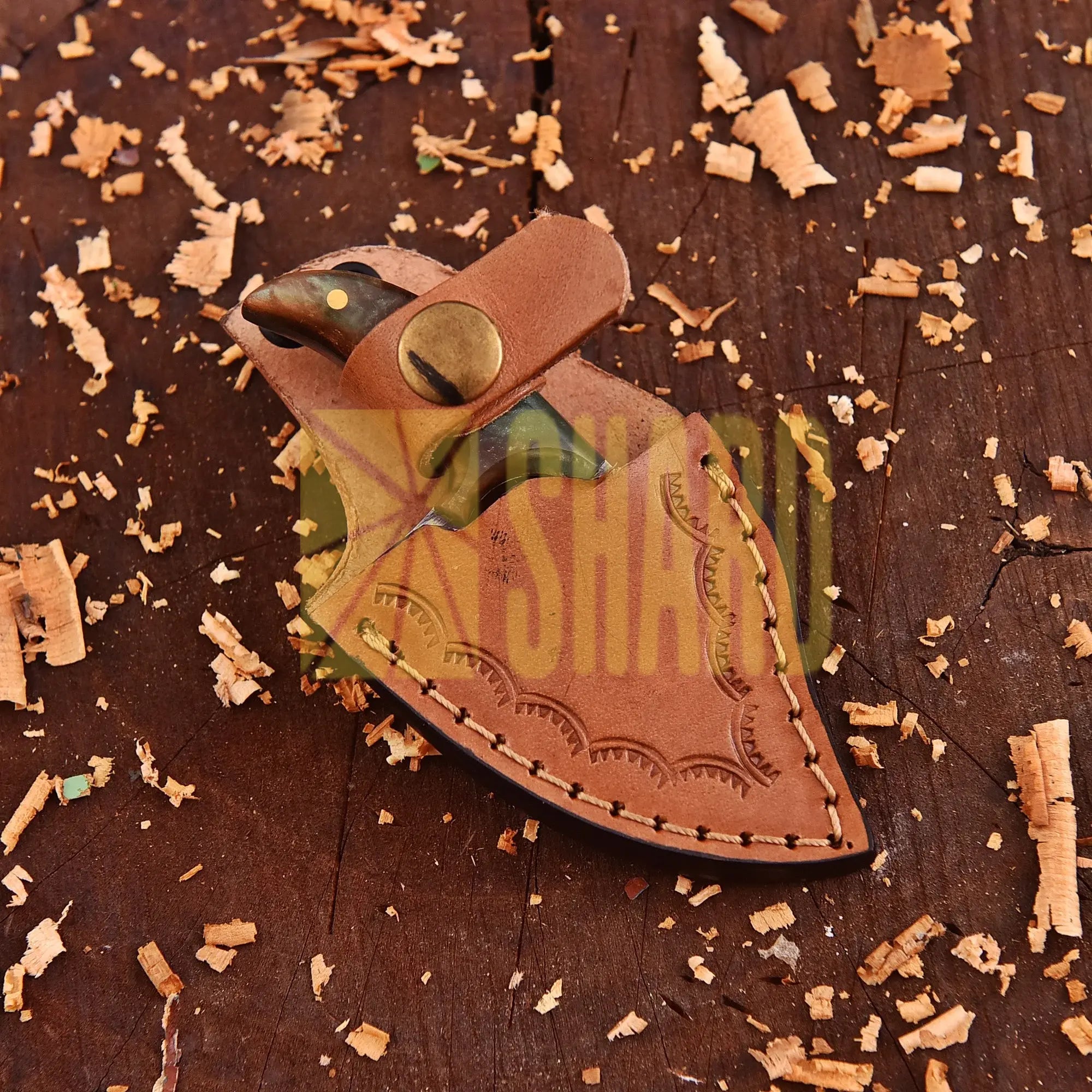 Aurora Grove Damascus Mini Collector’s Tool with orange and green resin handle