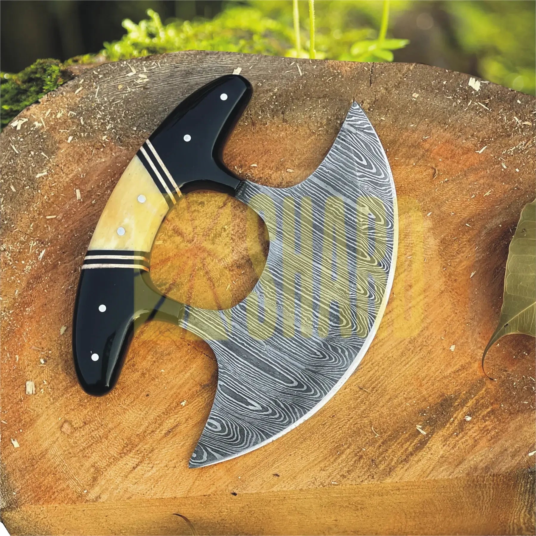 Arctic Ember Ulu Knife – Handmade Damascus Rocker Knife with Black Resin & Natural Wood Handle by Shard Blade