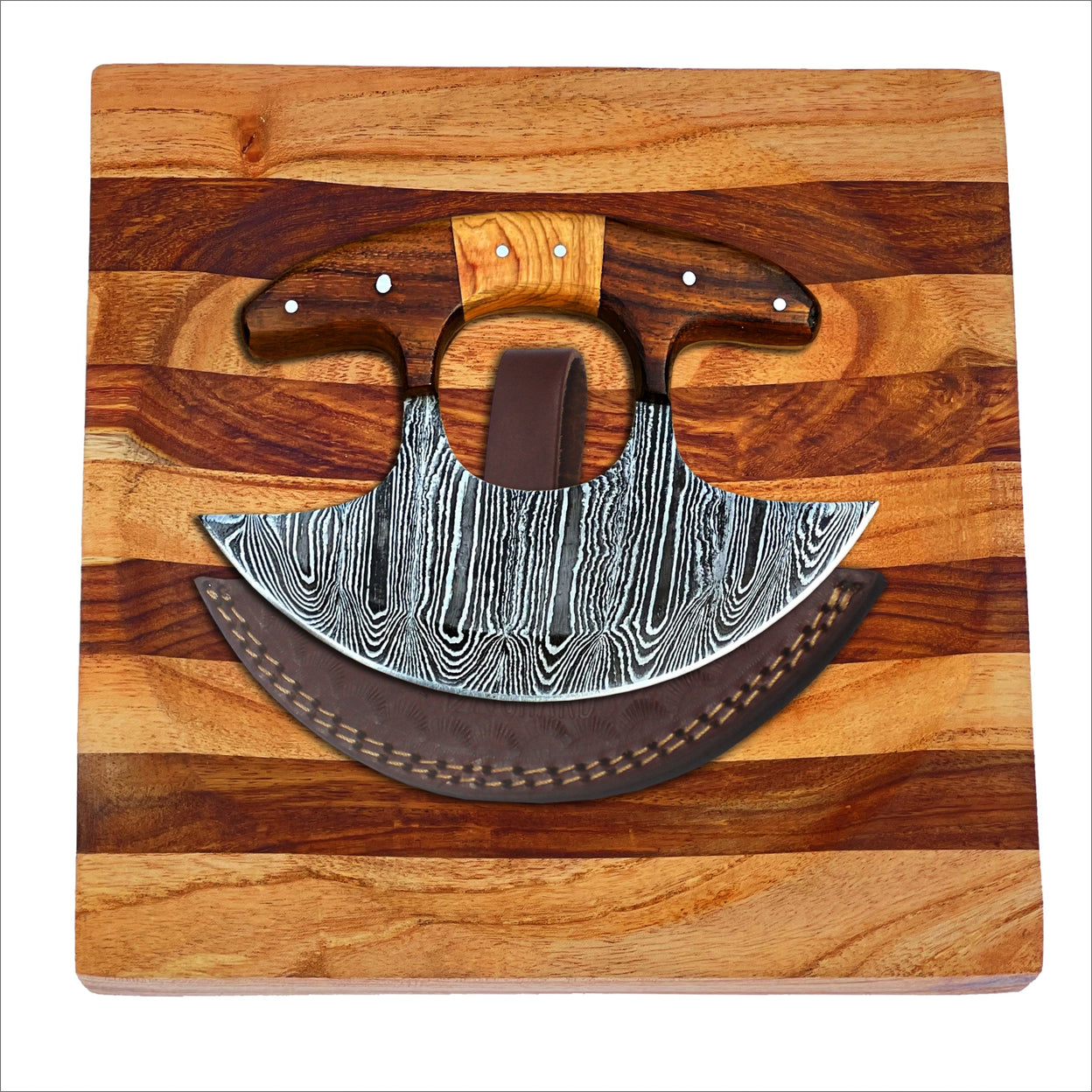 Glacier Hollow Culinary Set – Damascus Ulu Rocker Knife & 8” Handcrafted Wooden Chopping Bowl by Shard Blade