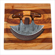 High-quality image of glacier hollow culinary set – damascus ulu rocker knife & 8” handcrafted wooden chopping bowl by shard blade