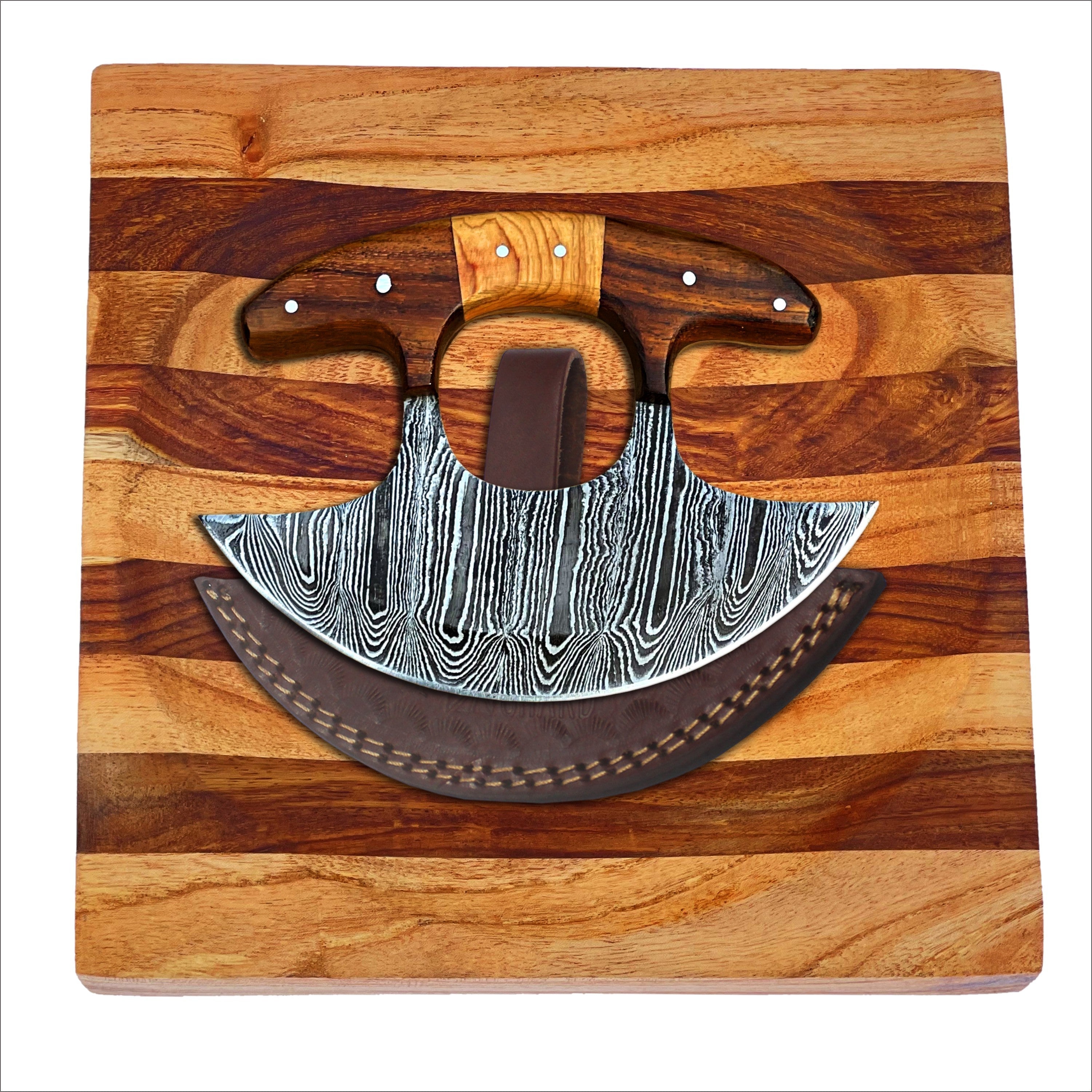 High-quality image of glacier hollow culinary set – damascus ulu rocker knife & 8” handcrafted wooden chopping bowl by shard blade