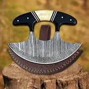 High-quality image of arctic ember ulu knife – handmade damascus rocker knife with black resin & natural wood handle by shard blade