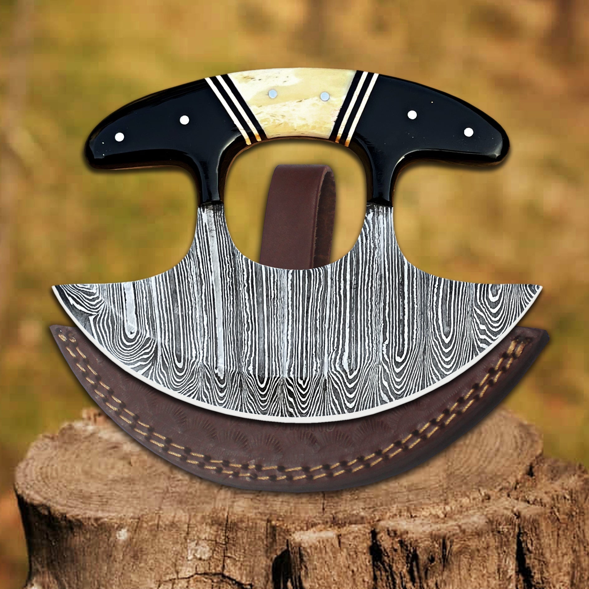 High-quality image of arctic ember ulu knife – handmade damascus rocker knife with black resin & natural wood handle by shard blade