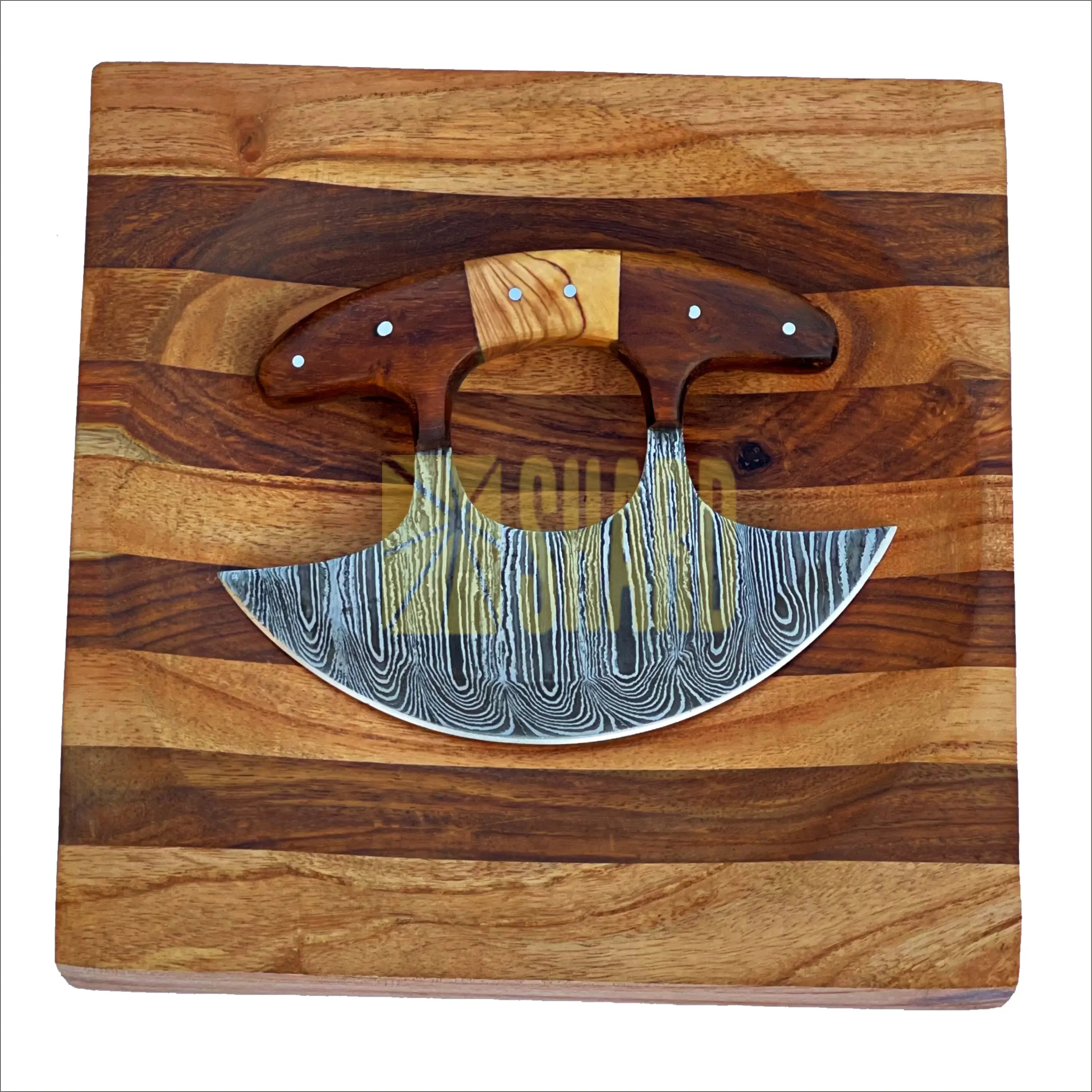 Glacier Hollow Culinary Set – Damascus Ulu Rocker Knife & 8” Handcrafted Wooden Chopping Bowl by Shard Blade