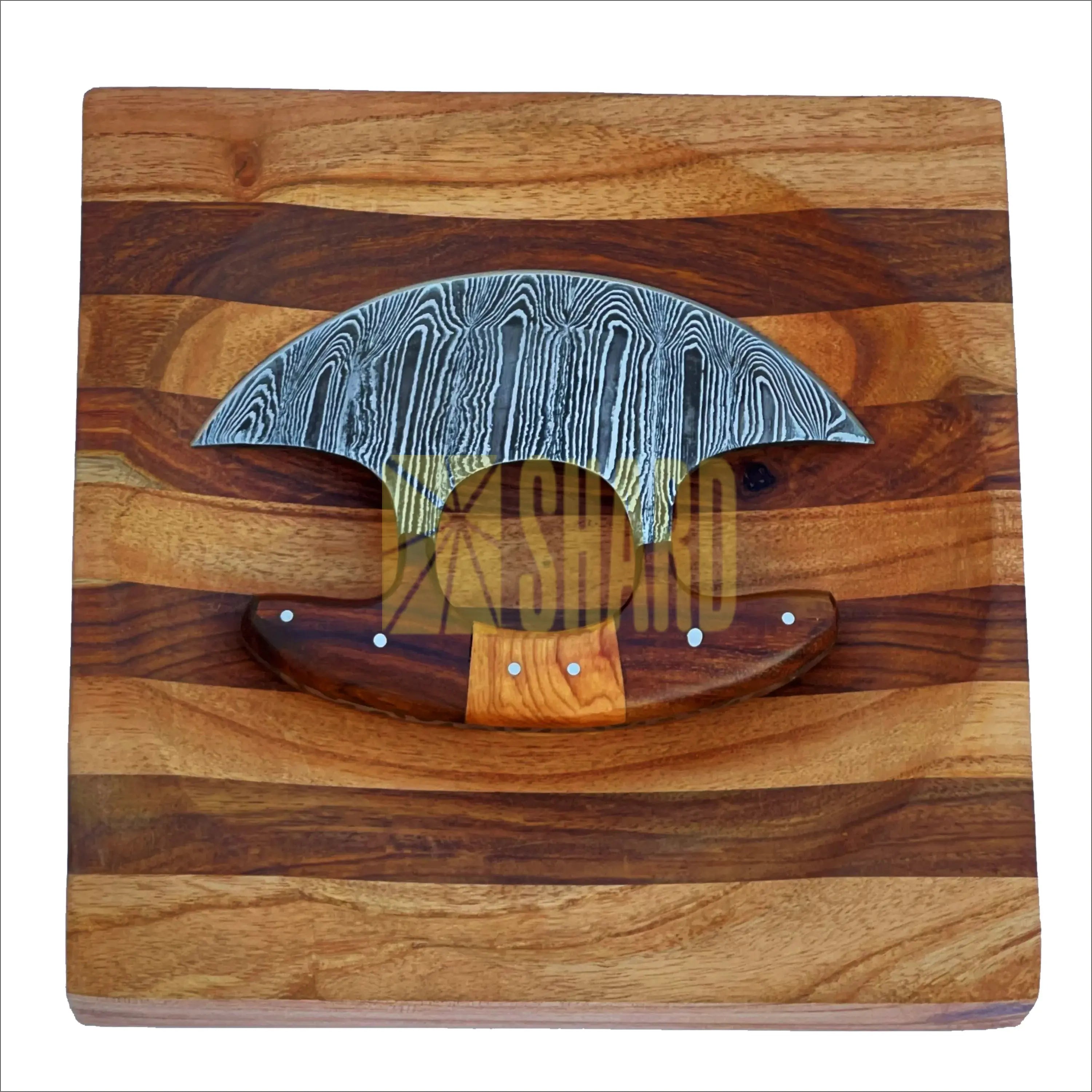 Glacier Hollow Culinary Set – Damascus Ulu Rocker Knife & 8” Handcrafted Wooden Chopping Bowl by Shard Blade