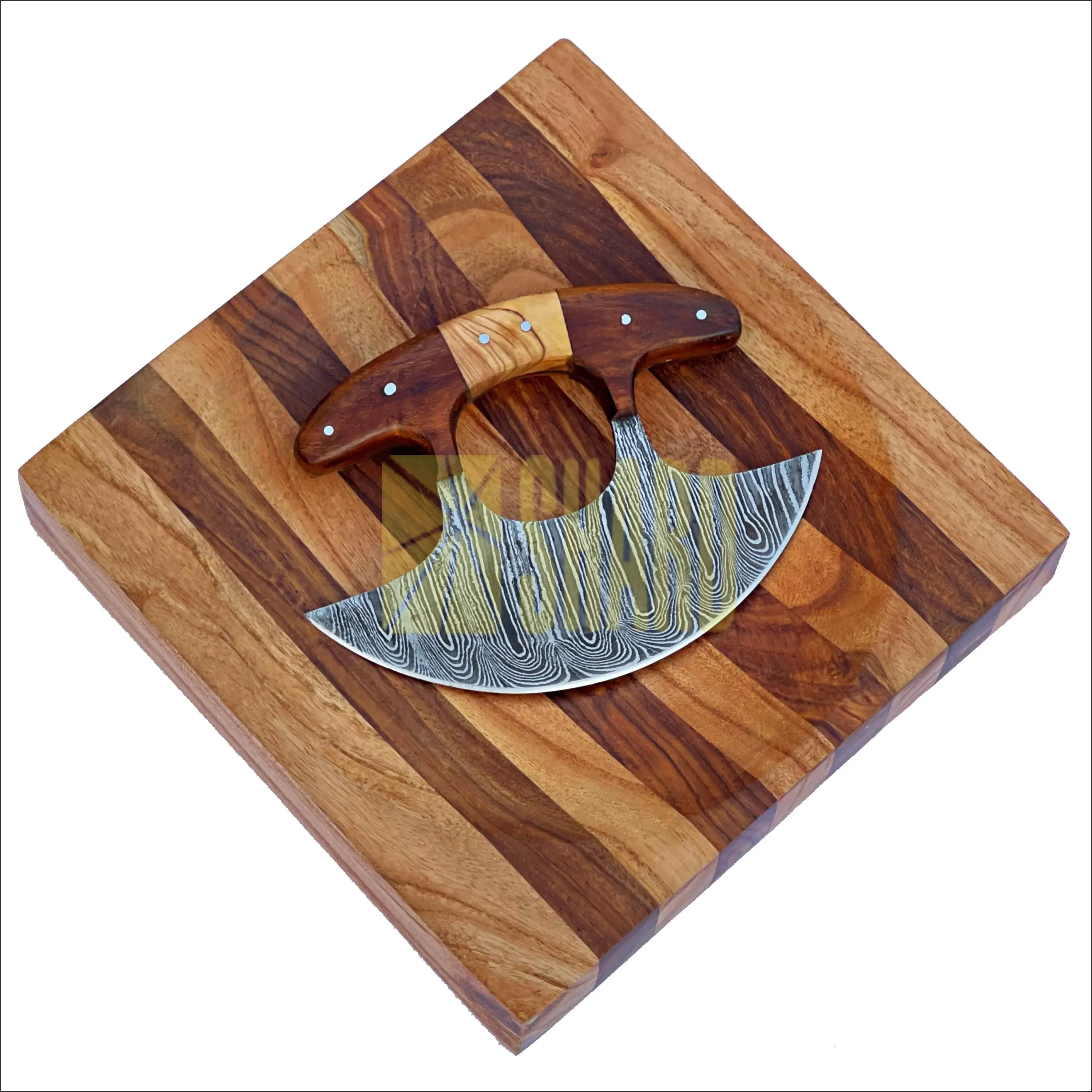 Glacier Hollow Culinary Set – Damascus Ulu Rocker Knife & 8” Handcrafted Wooden Chopping Bowl by Shard Blade