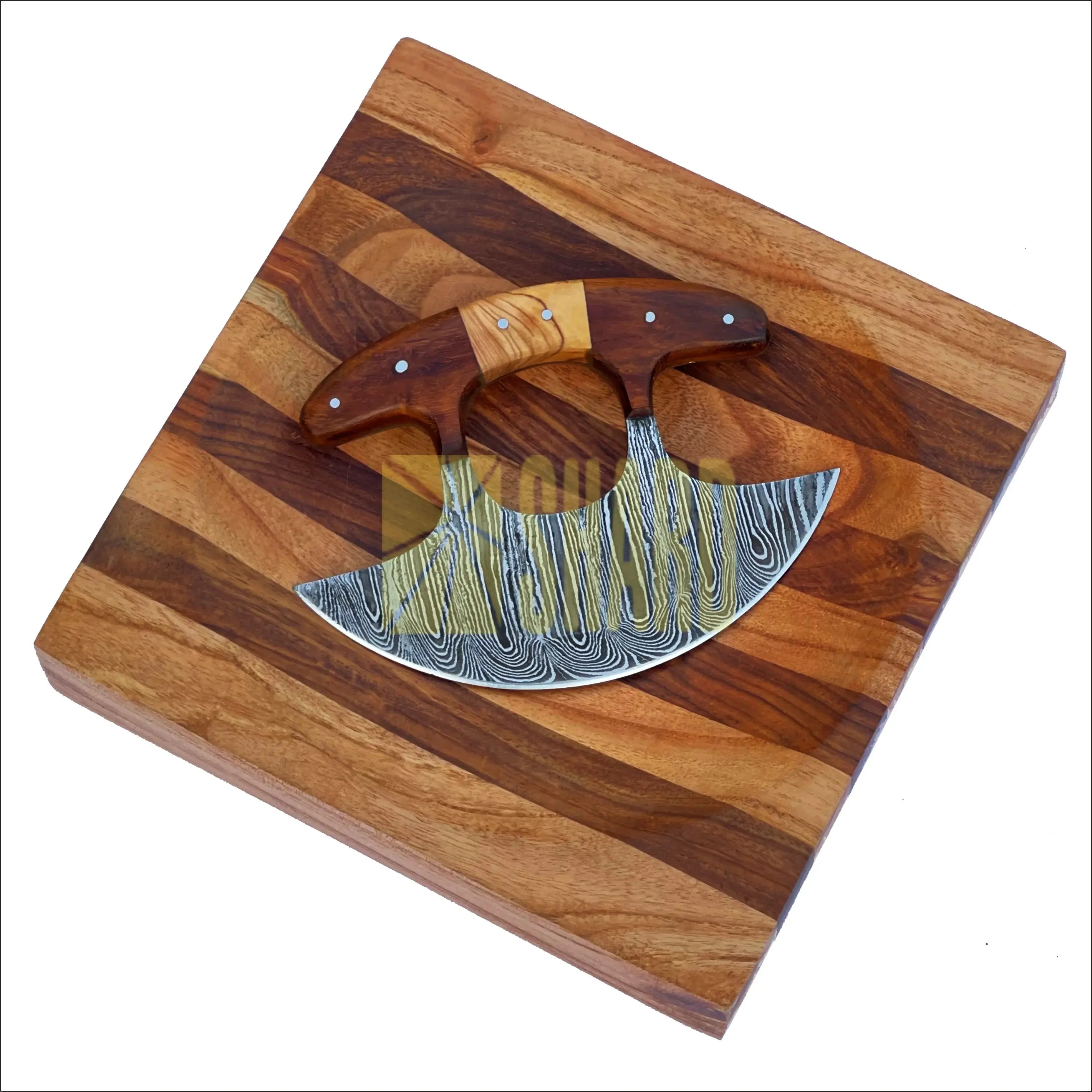 Glacier Hollow Culinary Set – Damascus Ulu Rocker Knife & 8” Handcrafted Wooden Chopping Bowl by Shard Blade